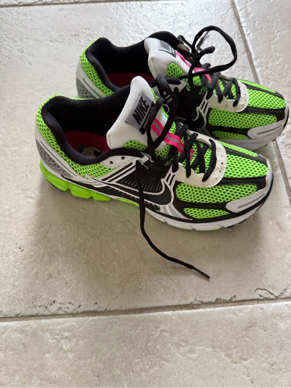 Nike Kids Neon Green, White & Black Running Sneakers with Pink Accents
